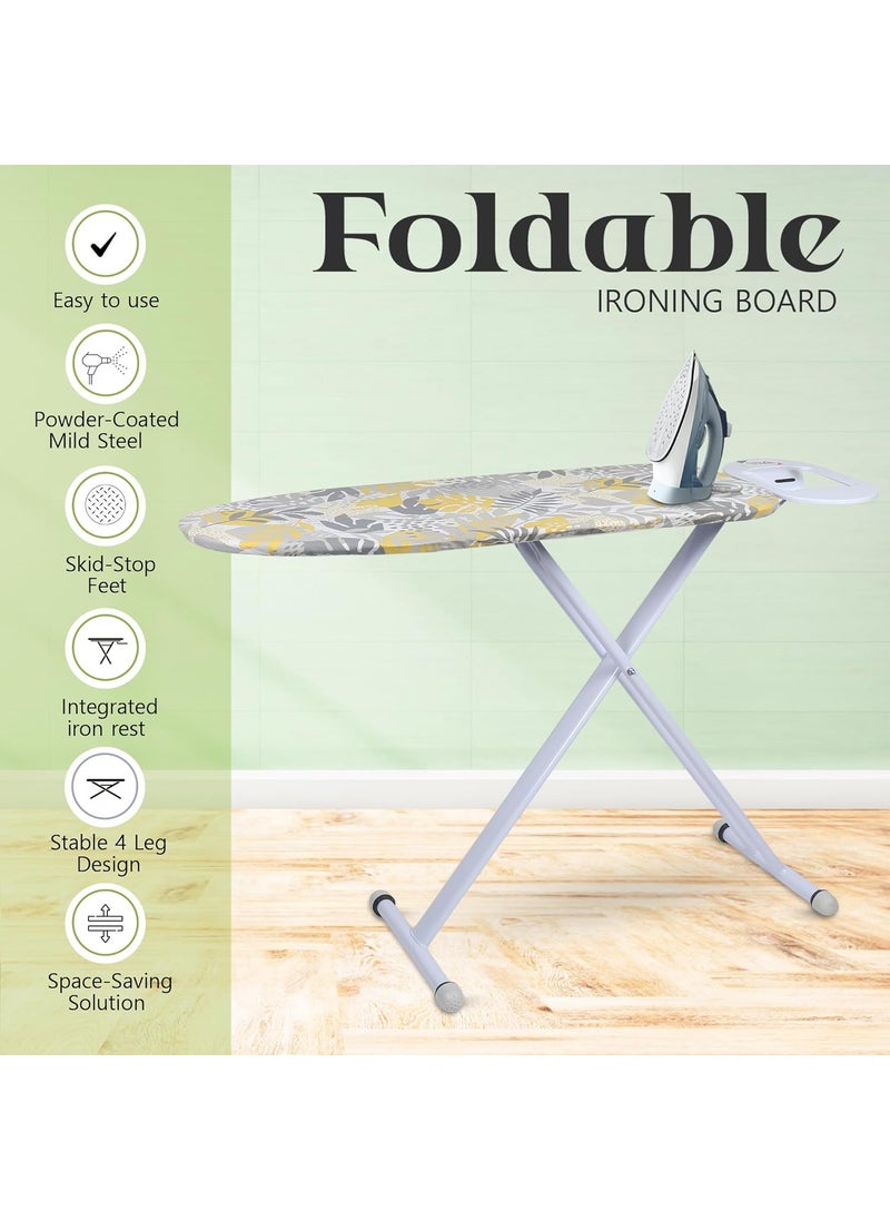 Finiky BlossomFlex Iron Table for Ironing Clothes Floral Surface 115x36cm AntiSlip Feet HeatResistant Elliptical Leg Design Iron Rest with Silicon Pad SpaceSaving Ironing Board