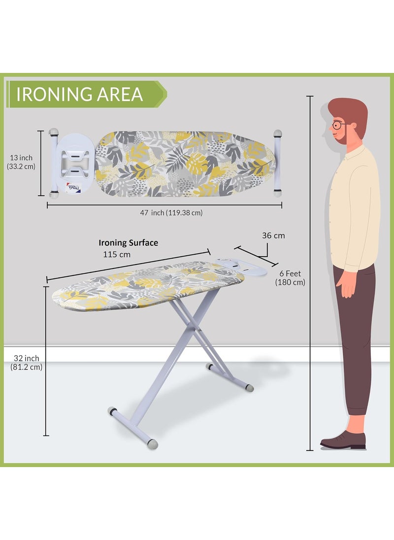 Finiky BlossomFlex Iron Table for Ironing Clothes Floral Surface 115x36cm AntiSlip Feet HeatResistant Elliptical Leg Design Iron Rest with Silicon Pad SpaceSaving Ironing Board