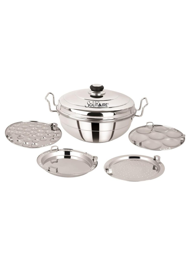 CDM Solitaire Idly Cooker Premium Quality Stainless Steel Multipurpose Kadhai 8In1 Idli And Dhokla Steamer Idli Cooker With 6 Plates 1 Mini Idli 2 Idli Plate 1 Patra 2 Dhokla Multi Utility Kadhai with Induction and Gas compatibility Cookware Set 35 Litre