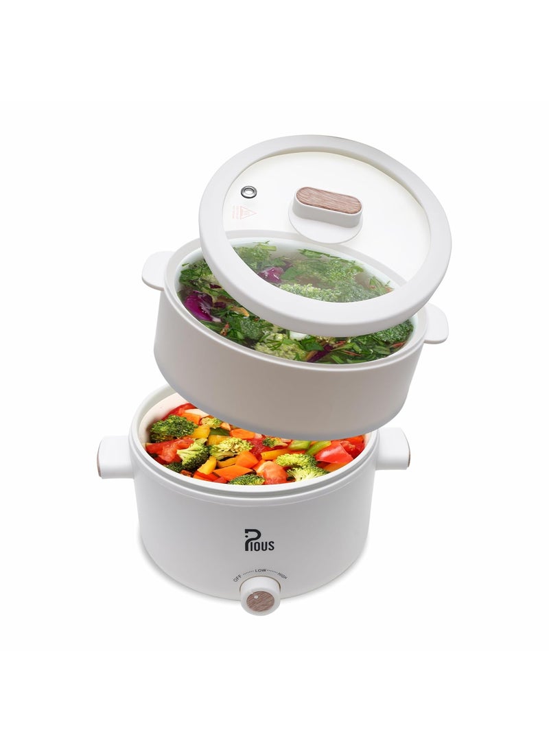 Multi Function Hot Pot Cooker With Steamer 2L Double Layered Body Titanium Coated Inner Pot Transparent Glass Lid Dual Power Modes 200W 700W White Cream