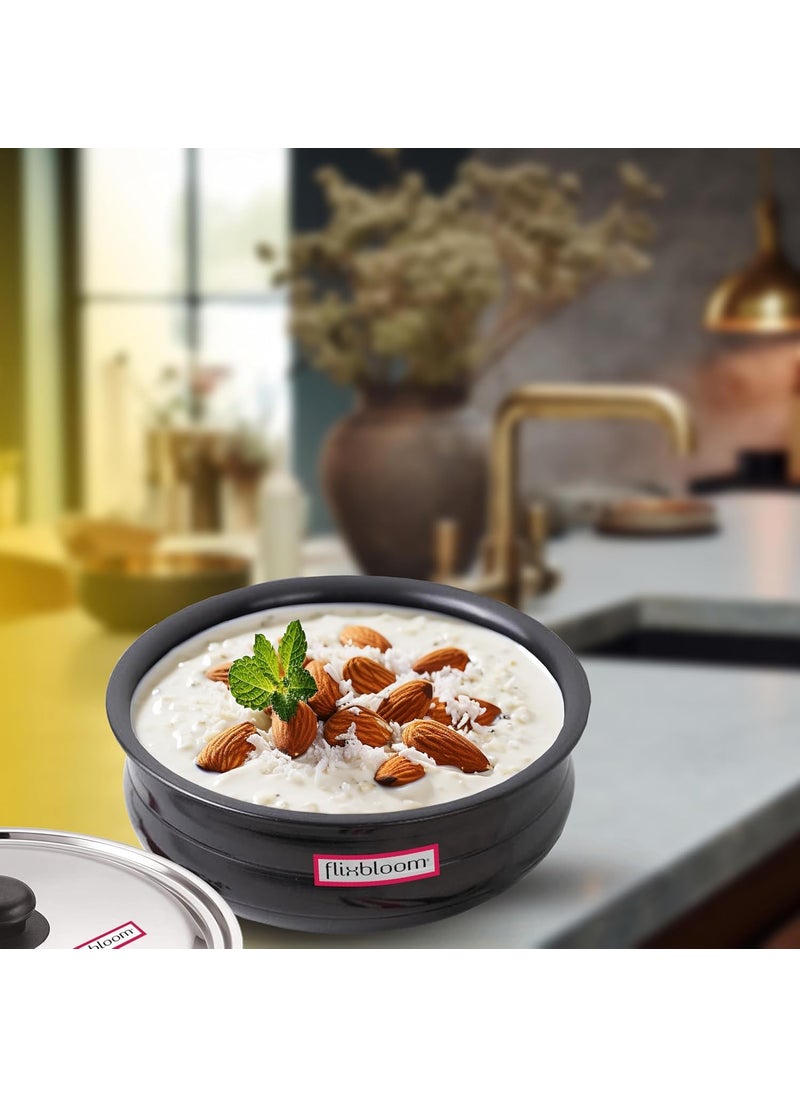 Flixbloom Frontier Black 3 Litre Hard Anodised Induction BaseLPG Gas Stove Friendly Deep Kitchen Cookware UruliUrli for Cooking with Lid HandiBhagonaLagan Pot Meen Chatty CooknServe Pot
