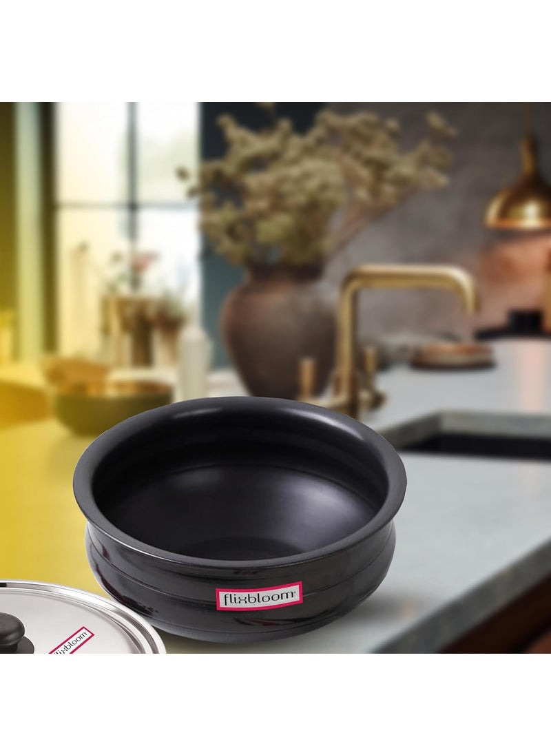 Flixbloom Frontier Black 3 Litre Hard Anodised Induction BaseLPG Gas Stove Friendly Deep Kitchen Cookware UruliUrli for Cooking with Lid HandiBhagonaLagan Pot Meen Chatty CooknServe Pot