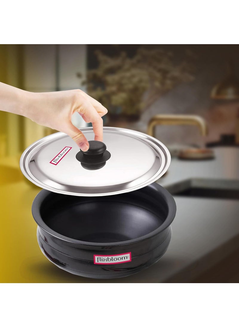 Flixbloom Frontier Black 3 Litre Hard Anodised Induction BaseLPG Gas Stove Friendly Deep Kitchen Cookware UruliUrli for Cooking with Lid HandiBhagonaLagan Pot Meen Chatty CooknServe Pot