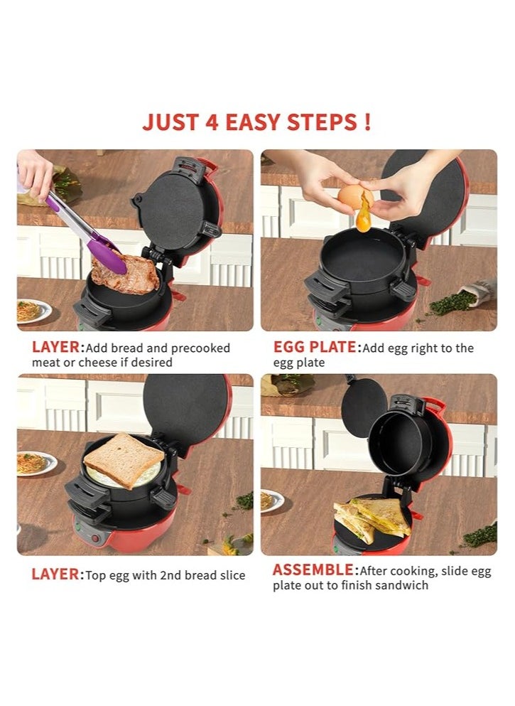 Sandwich Toaster Burger Maker with Egg Rings & Timer – Non-Stick Ceramic Heating Plates, Easy Clean – Perfect for Burgers, Sandwiches, Eggs & More (Red)