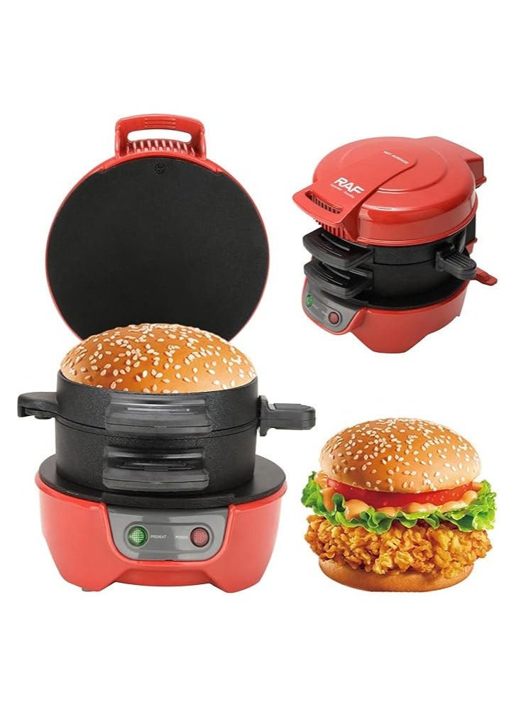 Sandwich Toaster Burger Maker with Egg Rings & Timer – Non-Stick Ceramic Heating Plates, Easy Clean – Perfect for Burgers, Sandwiches, Eggs & More (Red)