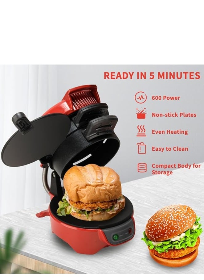 Sandwich Toaster Burger Maker with Egg Rings & Timer – Non-Stick Ceramic Heating Plates, Easy Clean – Perfect for Burgers, Sandwiches, Eggs & More (Red)