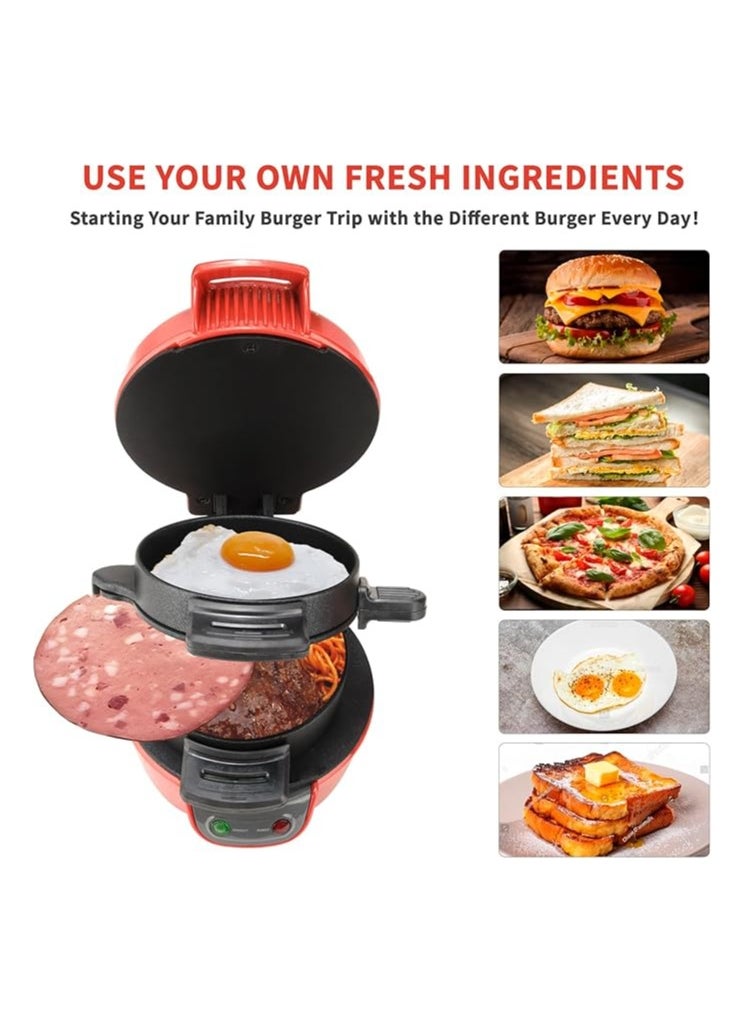 Sandwich Toaster Burger Maker with Egg Rings & Timer – Non-Stick Ceramic Heating Plates, Easy Clean – Perfect for Burgers, Sandwiches, Eggs & More (Red)