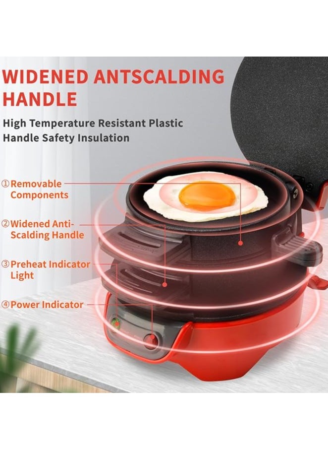 Sandwich Toaster Burger Maker with Egg Rings & Timer – Non-Stick Ceramic Heating Plates, Easy Clean – Perfect for Burgers, Sandwiches, Eggs & More (Red)