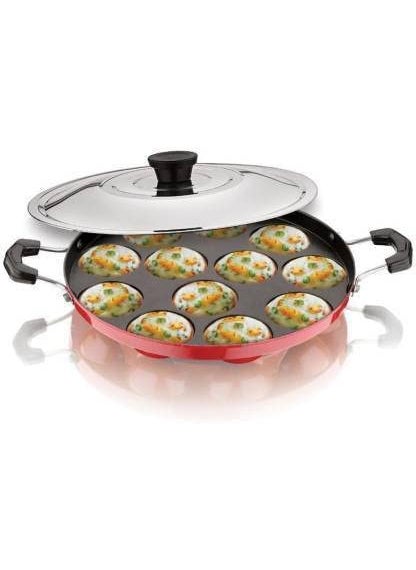STEEPLE Appam Maker 12 Cavities Non Stick Appam Patra with Lid Red Paniyarrakal Paniyaram Appam PanMakerPan Cake Maker