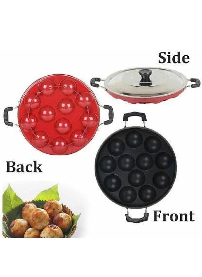 STEEPLE Appam Maker 12 Cavities Non Stick Appam Patra with Lid Red Paniyarrakal Paniyaram Appam PanMakerPan Cake Maker