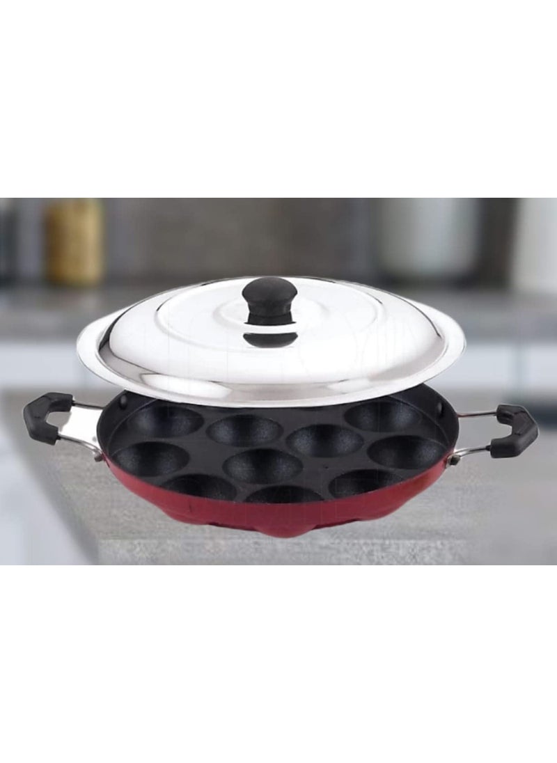 STEEPLE Appam Maker 12 Cavities Non Stick Appam Patra with Lid Red Paniyarrakal Paniyaram Appam PanMakerPan Cake Maker