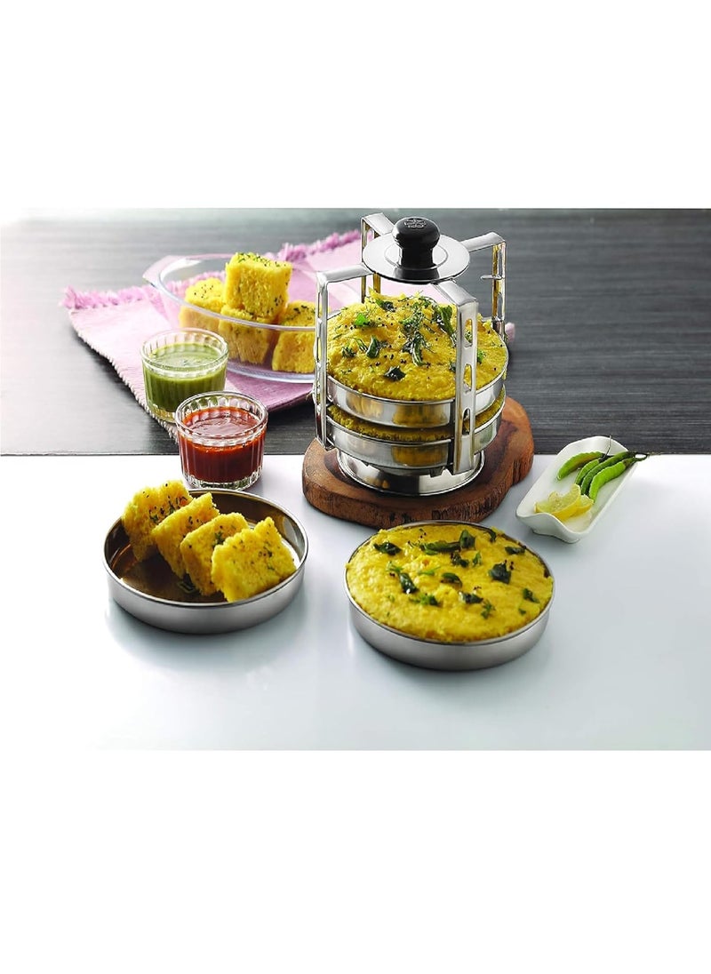 BLLUEX Stainless Steel Dhokla Maker Thatte Idli Maker 3 Big Plates Set with Stand Fits in All Cookers Dhokla Stand with 16cm Plate 4 Wires Thattu and Dhokla Maker Khaman Dhokla Plate