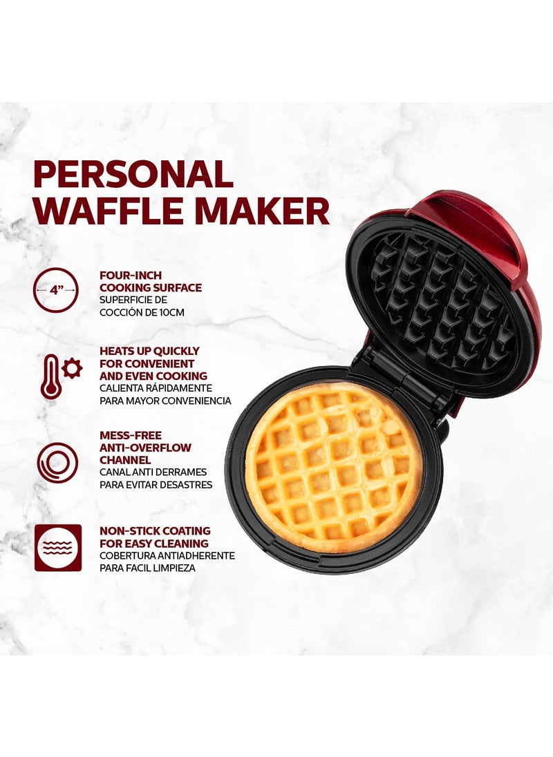 PrimAlite Mini Waffle Maker 4 Inch 350 Watts Stainless Steel NonStick Electric Iron Machine for Individual Belgian Waffles Pan Cakes Paninis or Other Snacks Tangy Red