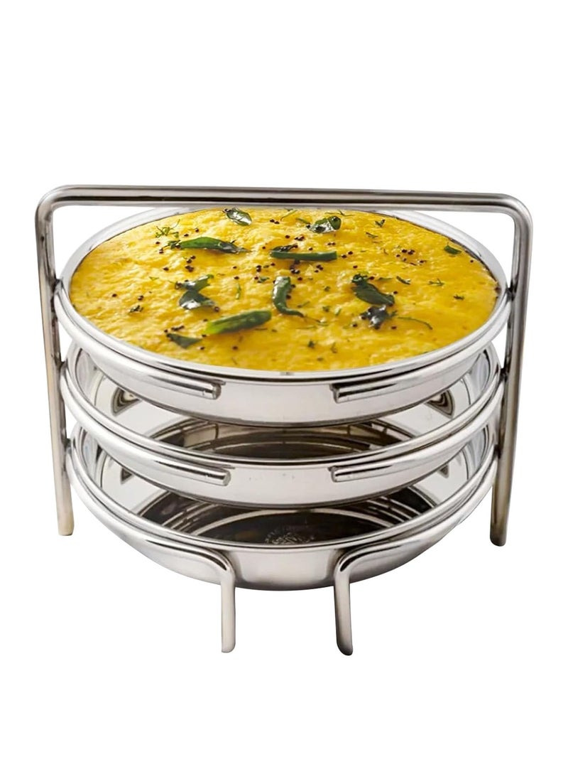BLLUEX Stainless Steel Dhokla Maker Thatte Idli Maker 3 Big Plates Set With Stand Fits in all Cookers Dhokla Stand With 20cm Idli Plate Thattu 3 Wires Dhokla Maker Khaman Dhokla Plate