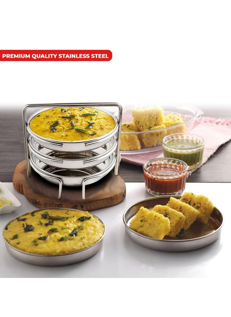BLLUEX Stainless Steel Dhokla Maker Thatte Idli Maker 3 Big Plates Set With Stand Fits in all Cookers Dhokla Stand With 20cm Idli Plate Thattu 3 Wires Dhokla Maker Khaman Dhokla Plate