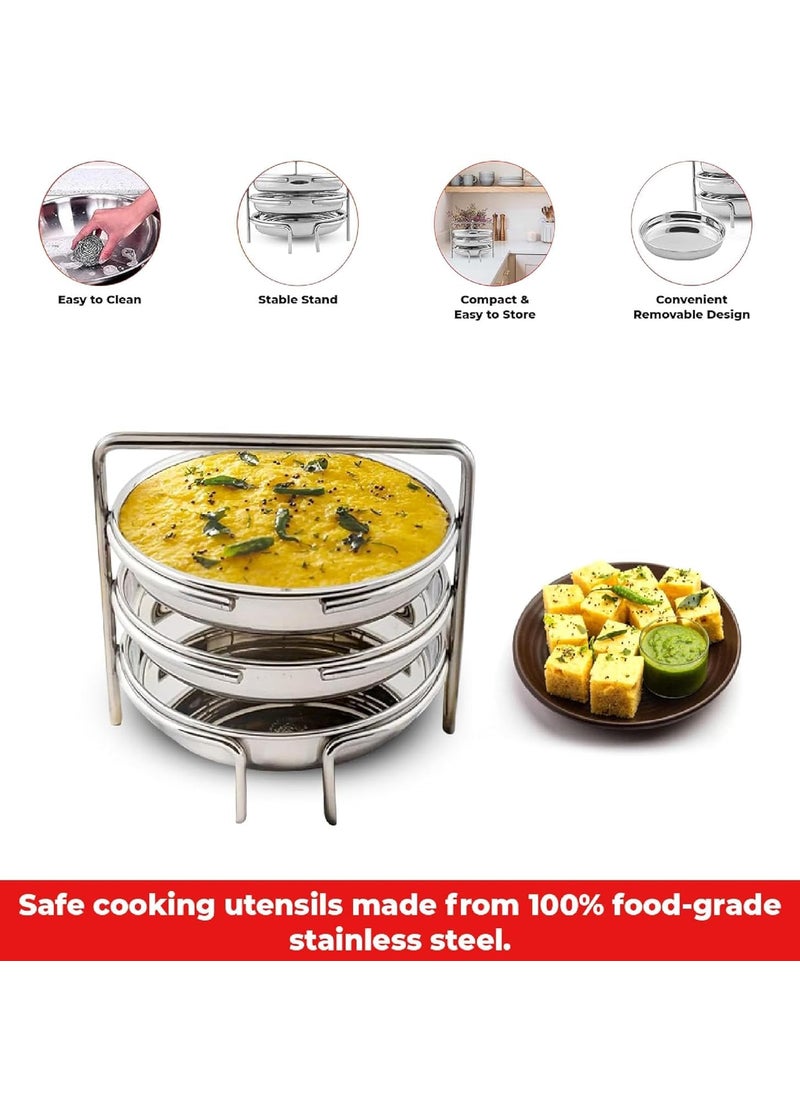 BLLUEX Stainless Steel Dhokla Maker Thatte Idli Maker 3 Big Plates Set With Stand Fits in all Cookers Dhokla Stand With 20cm Idli Plate Thattu 3 Wires Dhokla Maker Khaman Dhokla Plate