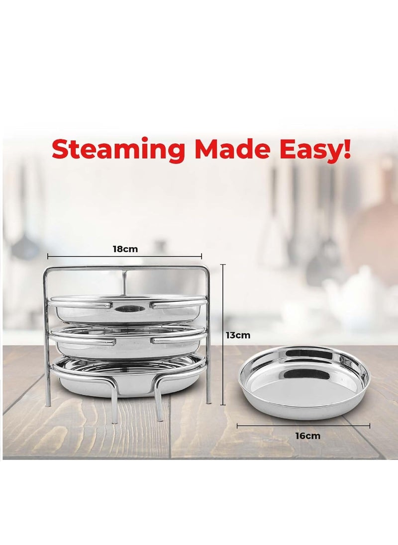 BLLUEX Stainless Steel Dhokla Maker Thatte Idli Maker 3 Big Plates Set With Stand Fits in all Cookers Dhokla Stand With 20cm Idli Plate Thattu 3 Wires Dhokla Maker Khaman Dhokla Plate