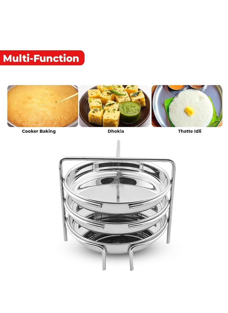 BLLUEX Stainless Steel Dhokla Maker Thatte Idli Maker 3 Big Plates Set With Stand Fits in all Cookers Dhokla Stand With 20cm Idli Plate Thattu 3 Wires Dhokla Maker Khaman Dhokla Plate