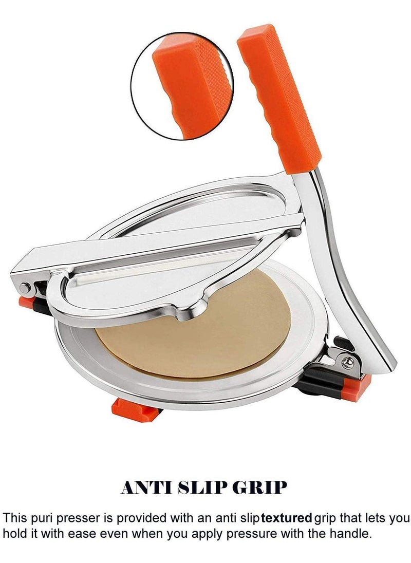 KASHT GALLERY Traders Manual Stainless Steel Puri Maker Press Machine with PRE Fitted Handle IT is NOT a roti or chapathi Maker Small5 inch Diameter
