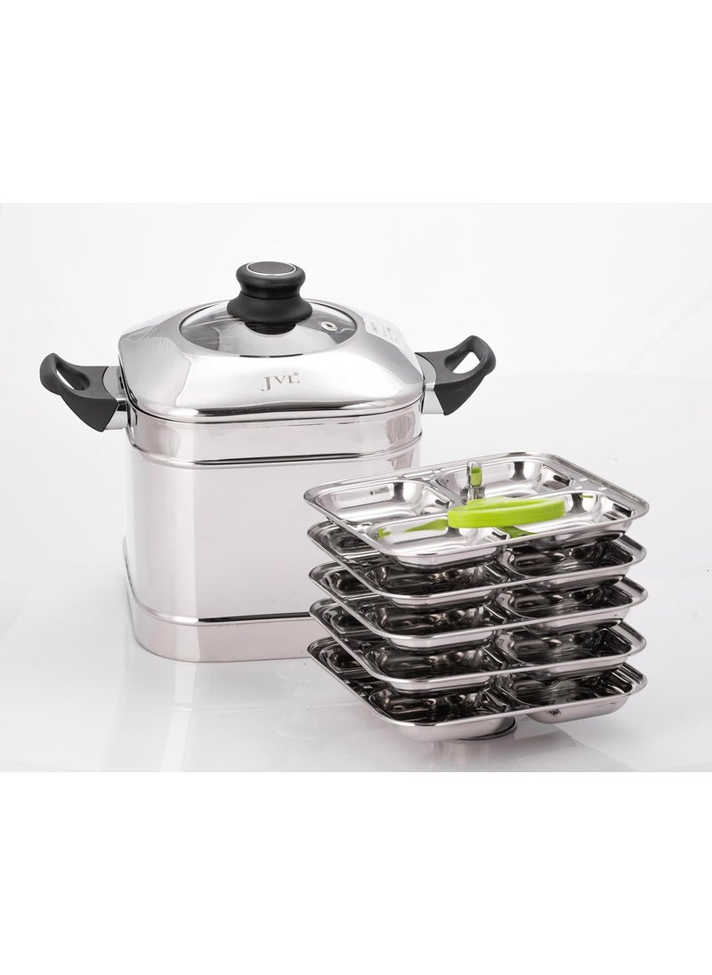 JVL SIMGIP Stainless Steel Square Shape Designer 5 Plates Idly Maker with Glass Lid Silver 750ml