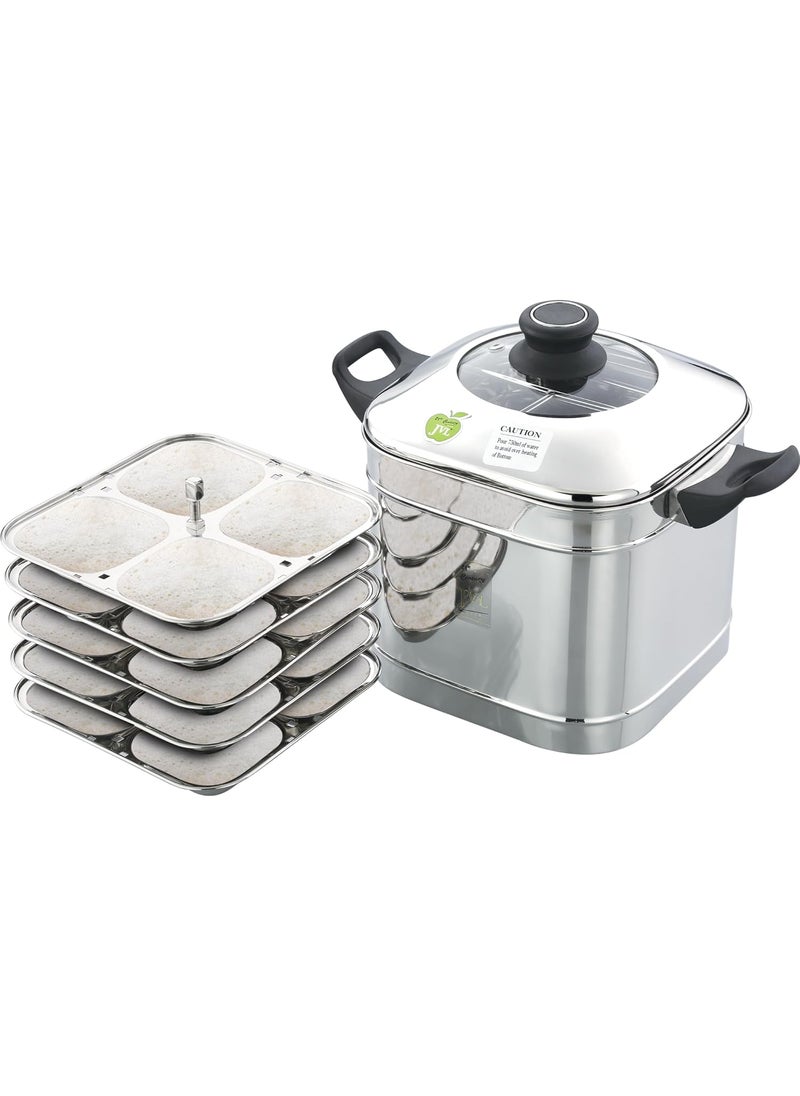 JVL SIMGIP Stainless Steel Square Shape Designer 5 Plates Idly Maker with Glass Lid Silver 750ml