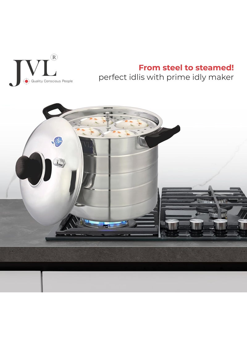 JVL PIM6PIP Stainless Steel Round Shape Prime Idly Maker 6 Plates Each with Plain Lid Silver