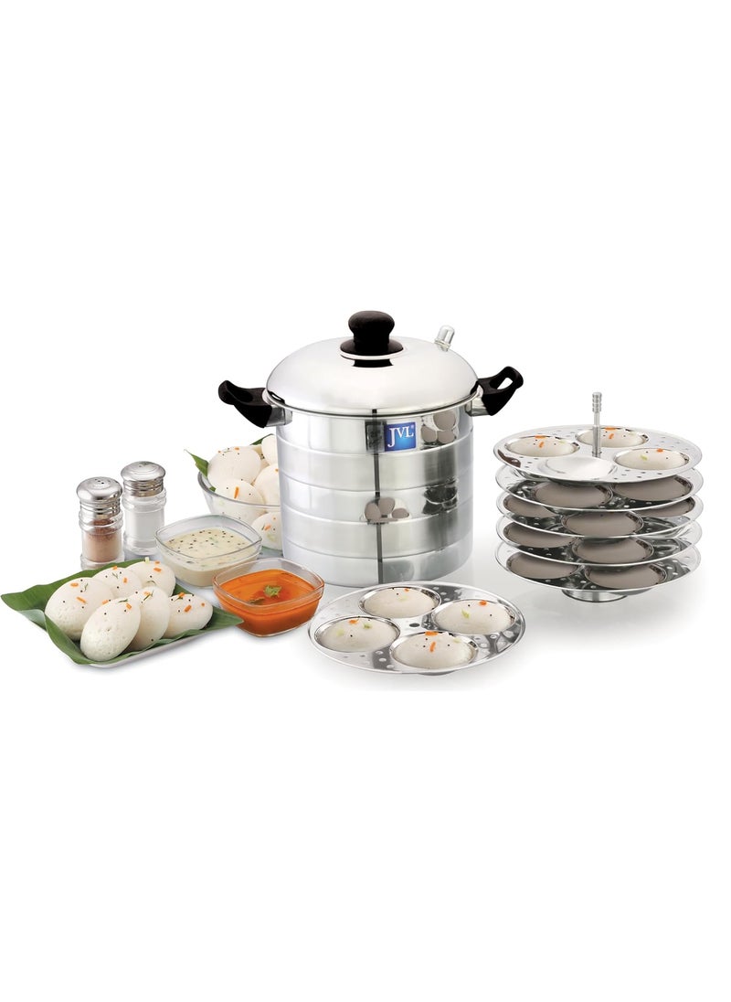 JVL PIM6PIP Stainless Steel Round Shape Prime Idly Maker 6 Plates Each with Plain Lid Silver