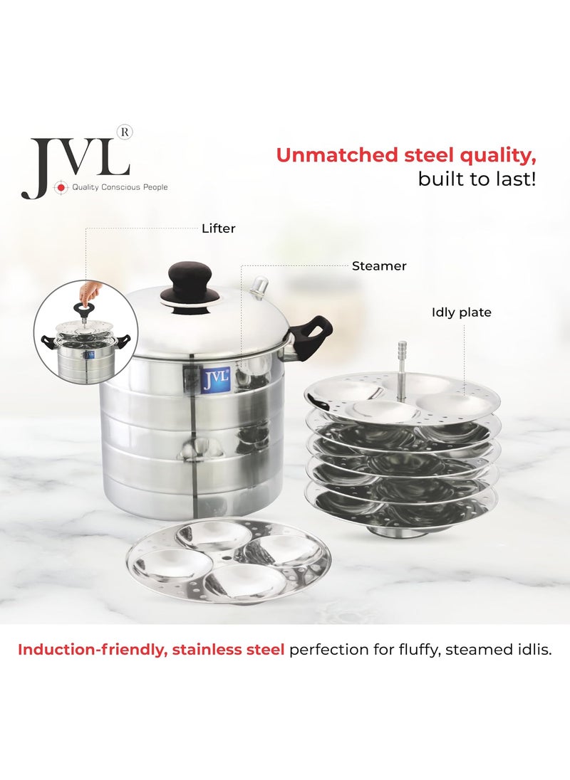 JVL PIM6PIP Stainless Steel Round Shape Prime Idly Maker 6 Plates Each with Plain Lid Silver