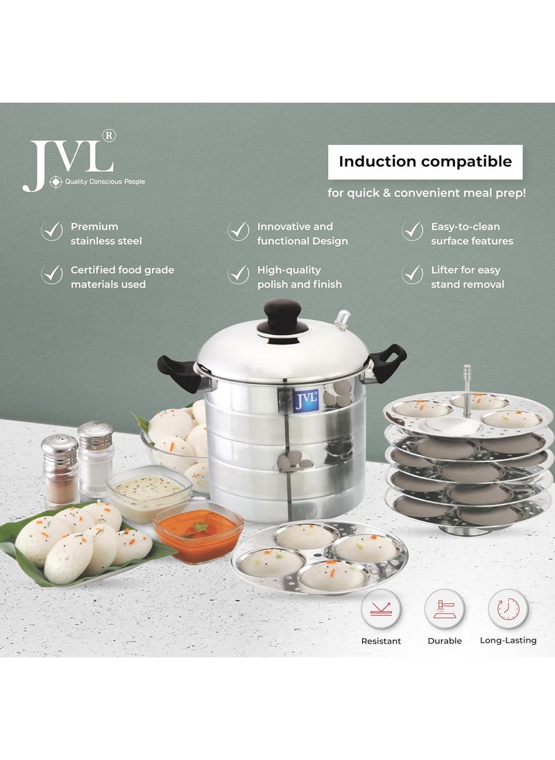 JVL PIM6PIP Stainless Steel Round Shape Prime Idly Maker 6 Plates Each with Plain Lid Silver
