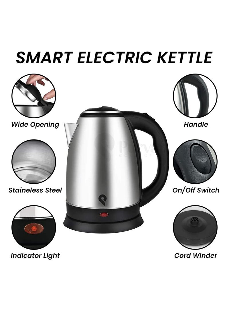 Purvaa Collection Electric Kettle With Stainless Steel Body 2 Litre Used To Boiling Water Make Tea And Coffee 1500 Watts Silver Power Indicator Detachable 360 Degree Connector