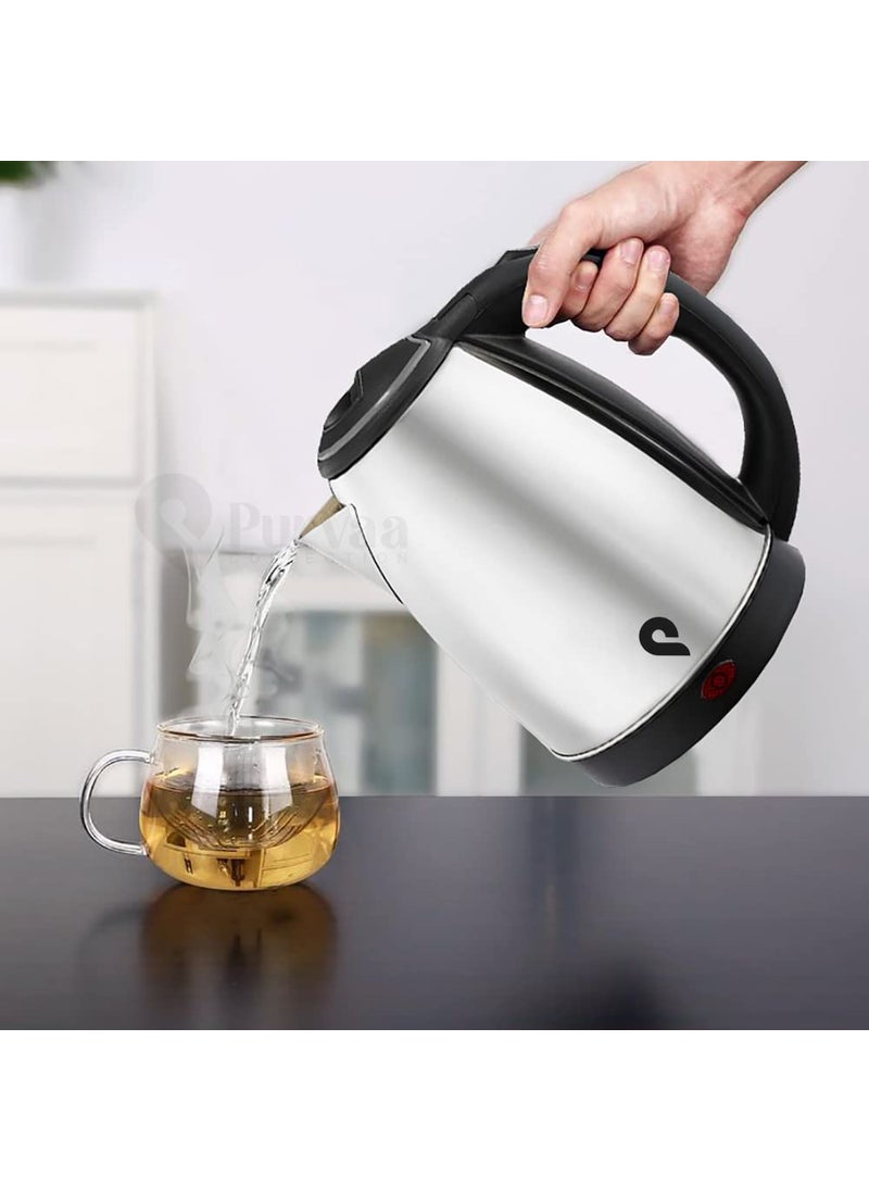 Purvaa Collection Electric Kettle With Stainless Steel Body 2 Litre Used To Boiling Water Make Tea And Coffee 1500 Watts Silver Power Indicator Detachable 360 Degree Connector