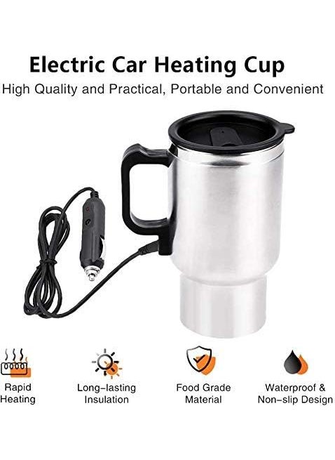 GLOWICK 12V 450ml Water Kettle Stainless Steel Heating Car Kettle Mug Cup Travel Thermoses for Heating Water Coffee Milk Tea 1Pcs