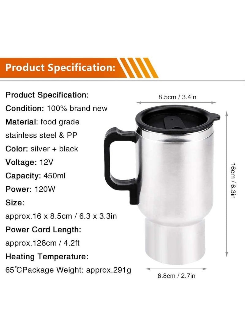 GLOWICK 12V 450ml Water Kettle Stainless Steel Heating Car Kettle Mug Cup Travel Thermoses for Heating Water Coffee Milk Tea 1Pcs