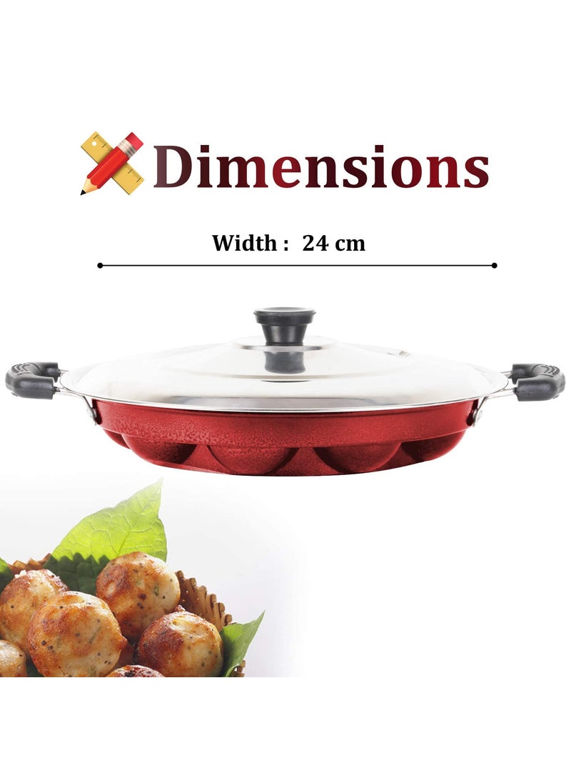 KD ZONE Aluminium Non Stick 12 Cavities Appam Patra with lid Oil Brush and Side Handle and Red