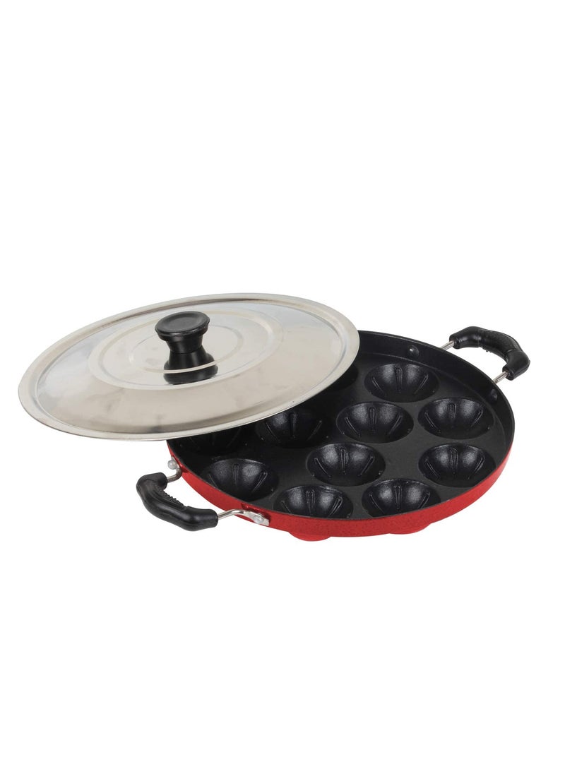 KD ZONE Aluminium Non Stick 12 Cavities Appam Patra with lid Oil Brush and Side Handle and Red