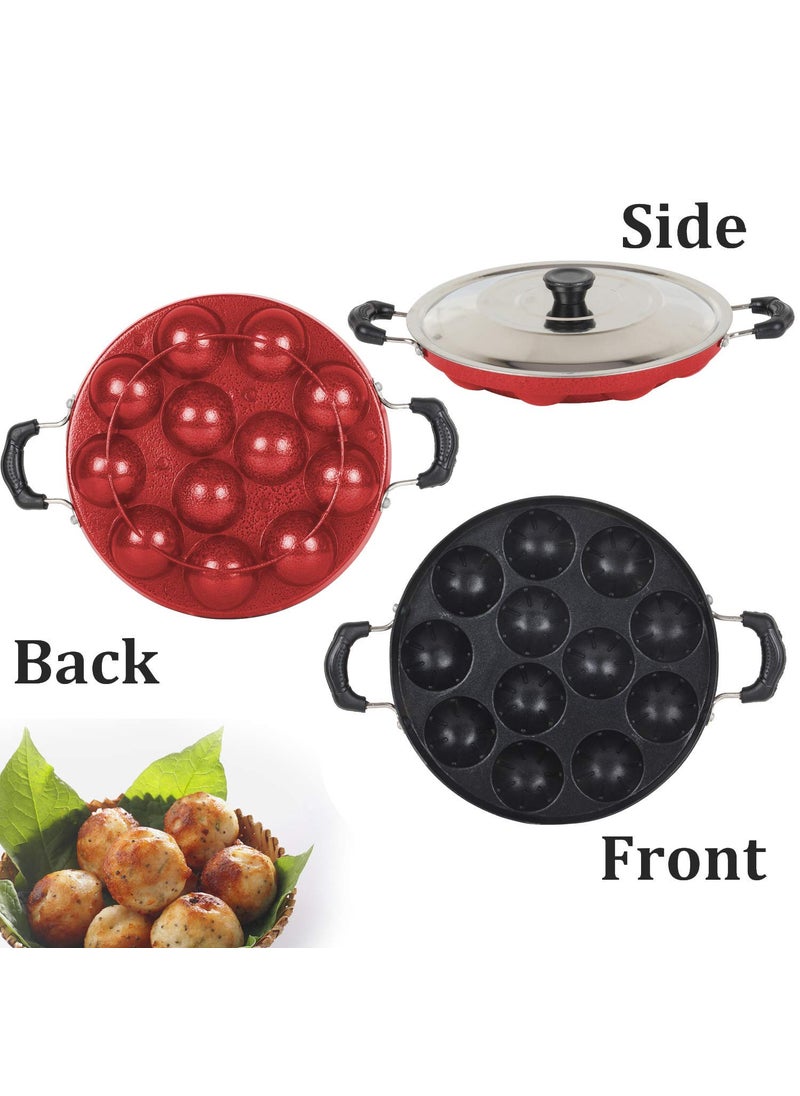 KD ZONE Aluminium Non Stick 12 Cavities Appam Patra with lid Oil Brush and Side Handle and Red