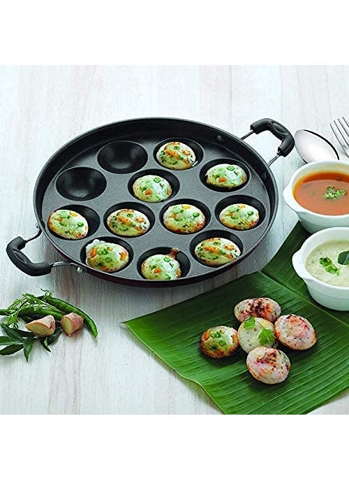 KD ZONE Aluminium Non Stick 12 Cavities Appam Patra with lid Oil Brush and Side Handle and Red