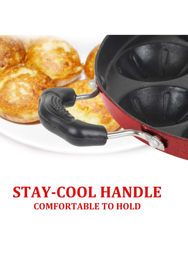 KD ZONE Aluminium Non Stick 12 Cavities Appam Patra with lid Oil Brush and Side Handle and Red