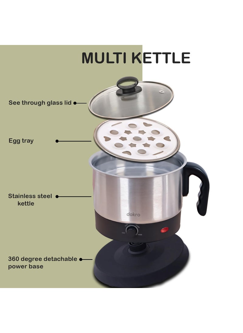 Dokro Multipurpose Electric Kettle 15 Liter Premium Stainless Steel Kettle for Boiling Water Eggs Heating Milk Making Tea Coffee MaggieSoup Silver Auto ShutOff feature with LED Indicator