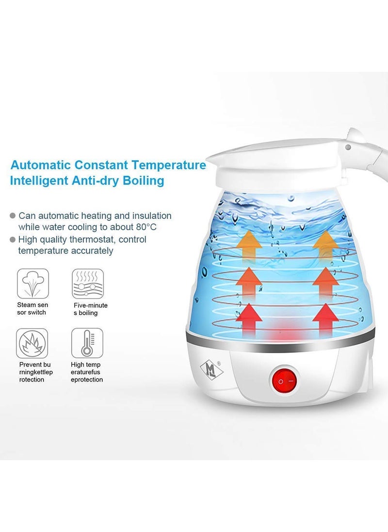 PIPALIYAElectric Foldable Kettle 600ml Food Grade Silicone Folding Kettle for Home Outdoor Camping HikingBoil Dry Protection Portable White Blue