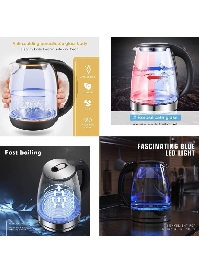 RHYDON Electric Kettle Glass Hot Water Boiler Tea Heater with LED Indicator Inner Lid Bottom Auto ShutOffBoilDry Protection BPA Free Cordless Teapot
