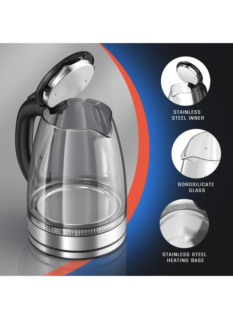 RHYDON Electric Kettle Glass Hot Water Boiler Tea Heater with LED Indicator Inner Lid Bottom Auto ShutOffBoilDry Protection BPA Free Cordless Teapot