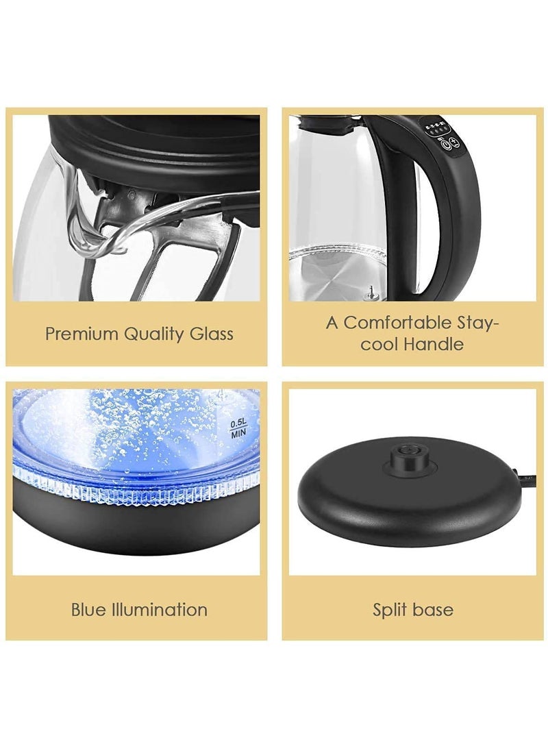 RHYDON Electric Kettle Glass Hot Water Boiler Tea Heater with LED Indicator Inner Lid Bottom Auto ShutOffBoilDry Protection BPA Free Cordless Teapot