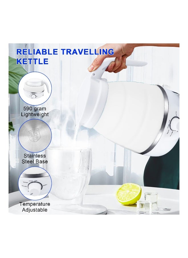 Collapsible Kettle Portable, Travel Kettle Lightweight for Campervan, 0.6L Folding Electric Camping Kettle, Mini Silicone Foldable Kettle for Bedroom (White)
