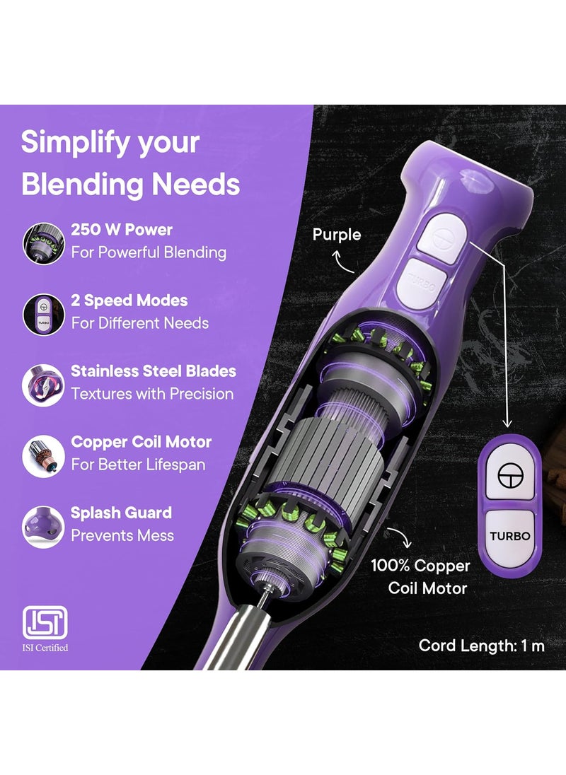 FUMATO 250W Hand Blender Stainless Steel Blade Detachable Body 2 Speed Modes Turbo Pulse 100 Full Copper Motor 1 Year Warranty Mixing Blending for Smoothie Shakes Soup Cream Purple