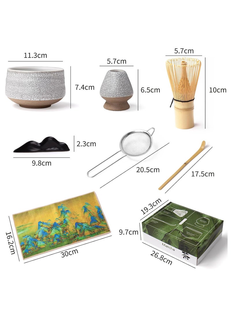 Japanese Matcha Tea Set, 7Pcs Matcha Whisk Set with Matcha Bowl, Matcha Bamboo Whisk, Scoop, Whisk Holder, Stainless Steel Tea Sifter, Tea Making Kit Assorted
