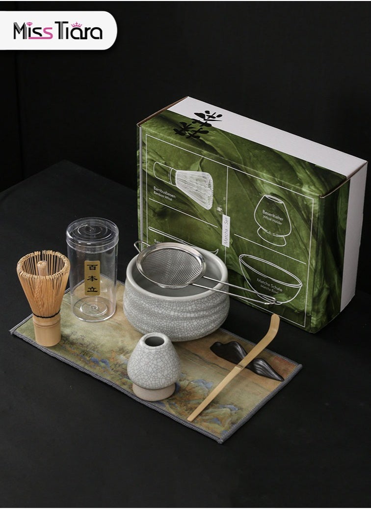 Japanese Matcha Tea Set, 7Pcs Matcha Whisk Set with Matcha Bowl, Matcha Bamboo Whisk, Scoop, Whisk Holder, Stainless Steel Tea Sifter, Tea Making Kit Assorted