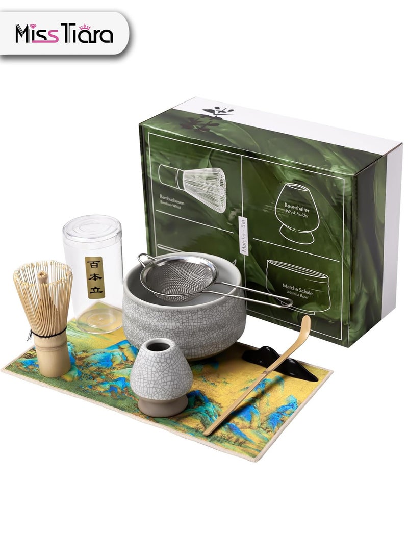 Japanese Matcha Tea Set, 7Pcs Matcha Whisk Set with Matcha Bowl, Matcha Bamboo Whisk, Scoop, Whisk Holder, Stainless Steel Tea Sifter, Tea Making Kit Assorted