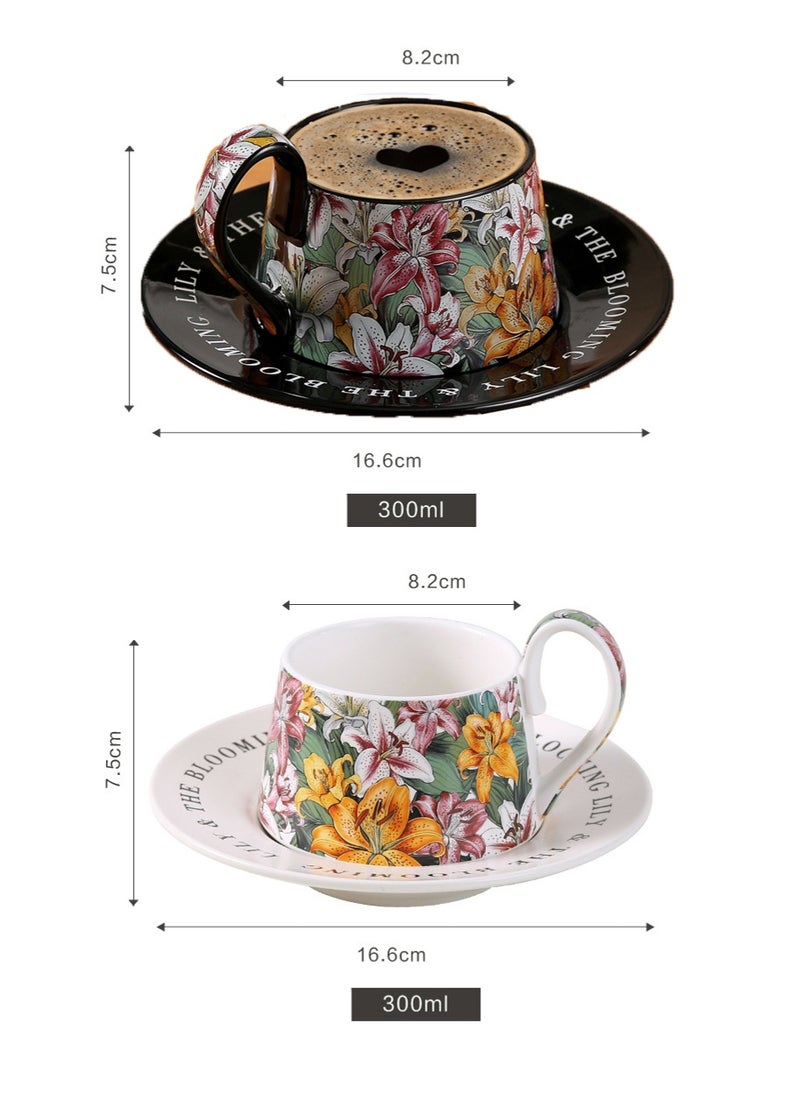Ceramic Coffee Cup and Saucer Set, Gift Set for Women, Vintage Floral Design Porcelain 2 Sets Coffee Cup and Saucer with Gift Box, Hand Crafted Flower Shaped Coffee Cup for Home Office,250 ML Capacity