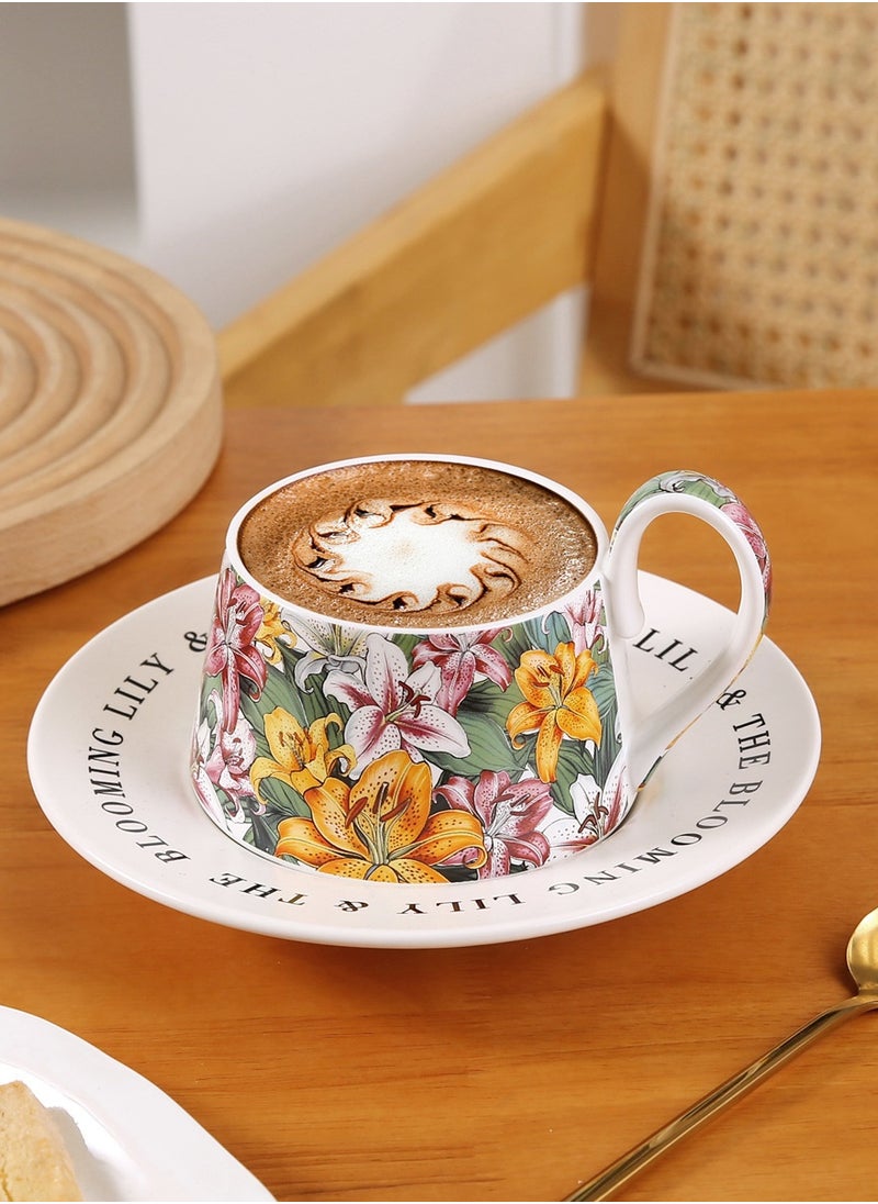 Ceramic Coffee Cup and Saucer Set, Gift Set for Women, Vintage Floral Design Porcelain 2 Sets Coffee Cup and Saucer with Gift Box, Hand Crafted Flower Shaped Coffee Cup for Home Office,250 ML Capacity